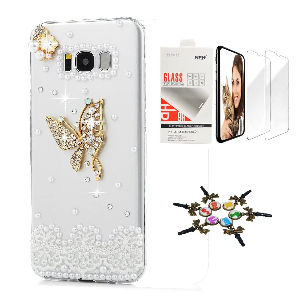 STENES Sparkle Case Compatible with Samsung Galaxy A42 5G Case - Stylish - 3D Handmade Bling Lace Butterfly Floweres Design Cover Case with Screen Protector [2 Pack] - Gold