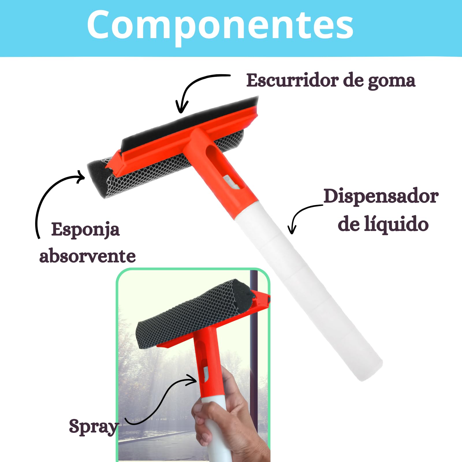 Limpia Cristales 3en1 rasqueta de Goma+Esponja limpiadora +depósito para Rellenar con líquido Limpiador. Limpiacristales Multiusos para el hogar, Coche u Oficina. (Naranja)