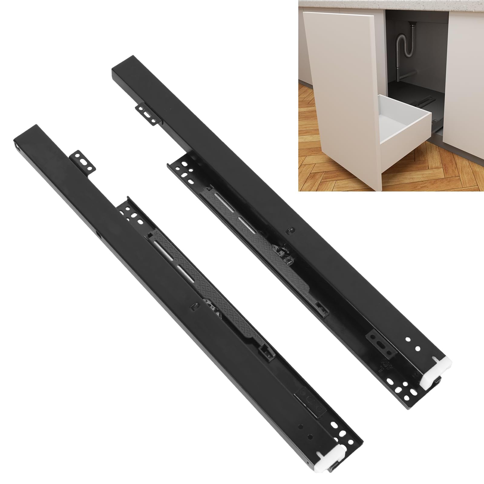 Undermount Drawer Slides, Bottom Mount Invisible Soft Close Pull Out Drawer Runners, 1 Pair Full Extension Hidden Ball Bearing Bottom Rail, Shelf Floor Slide for Kitchen Cabinet (Black, 16inch400mm)
