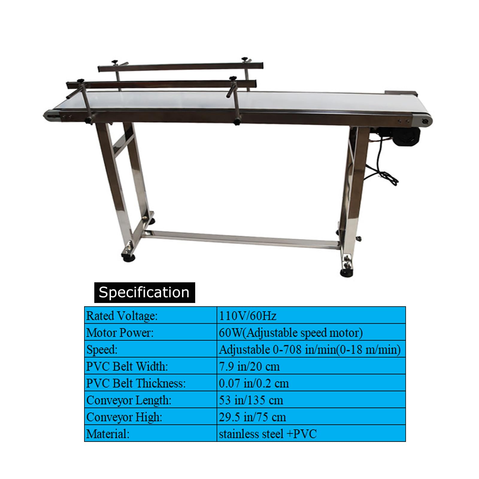 BEILOCKERY 53 inch PVC Belt Conveyor 7.9 inch Width Double Guardrails Stainless Steel Frames Belt Conveyor for Conveying Bottles Metal Plastic Bags Cartons 110V 60W