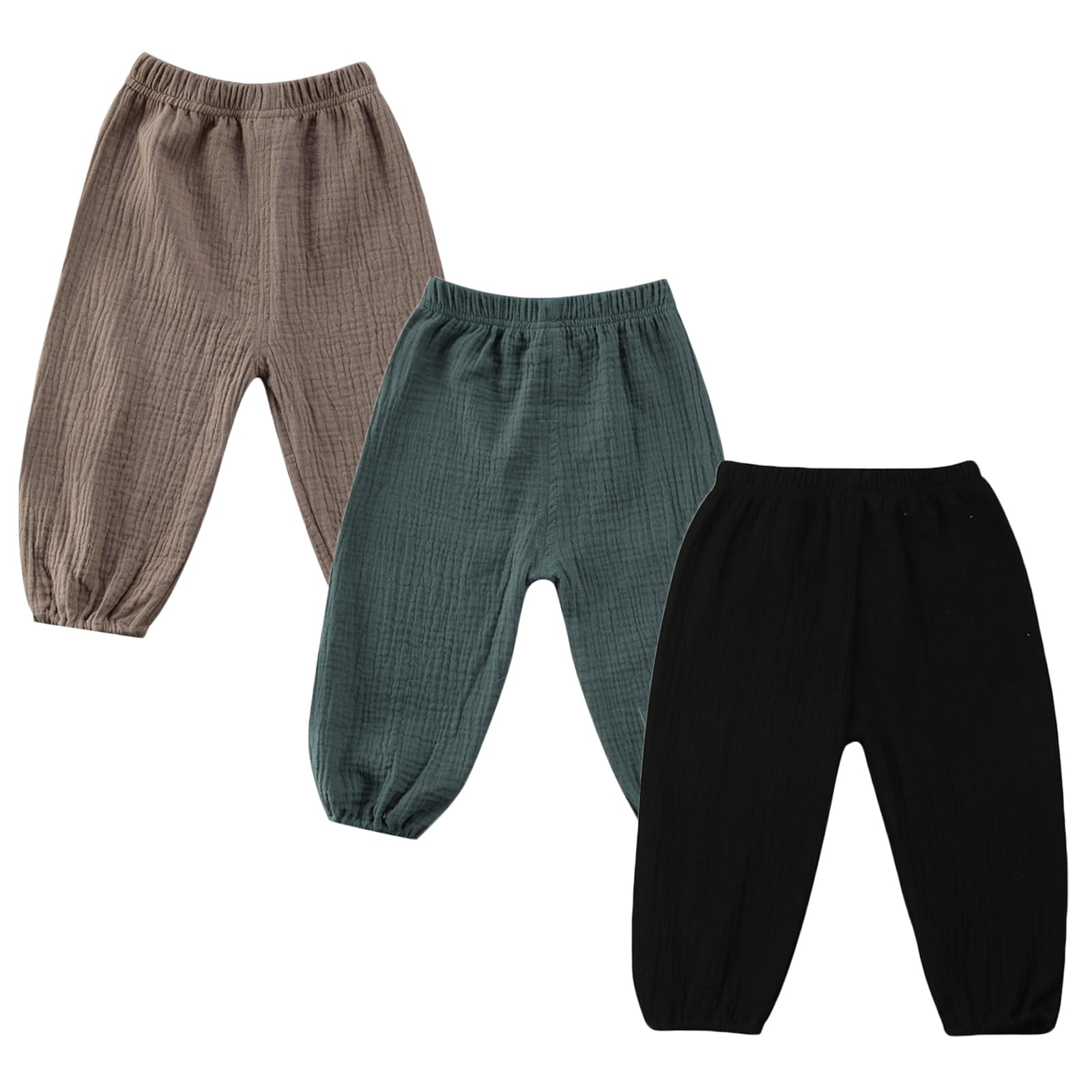 Toddler Baby Boys Girls 3 Pack Cotton Linen Bloomers Pants Solid Color Basic Plain Baby Clothes Joggers(C-Khaki Green Black,6-12 Months)