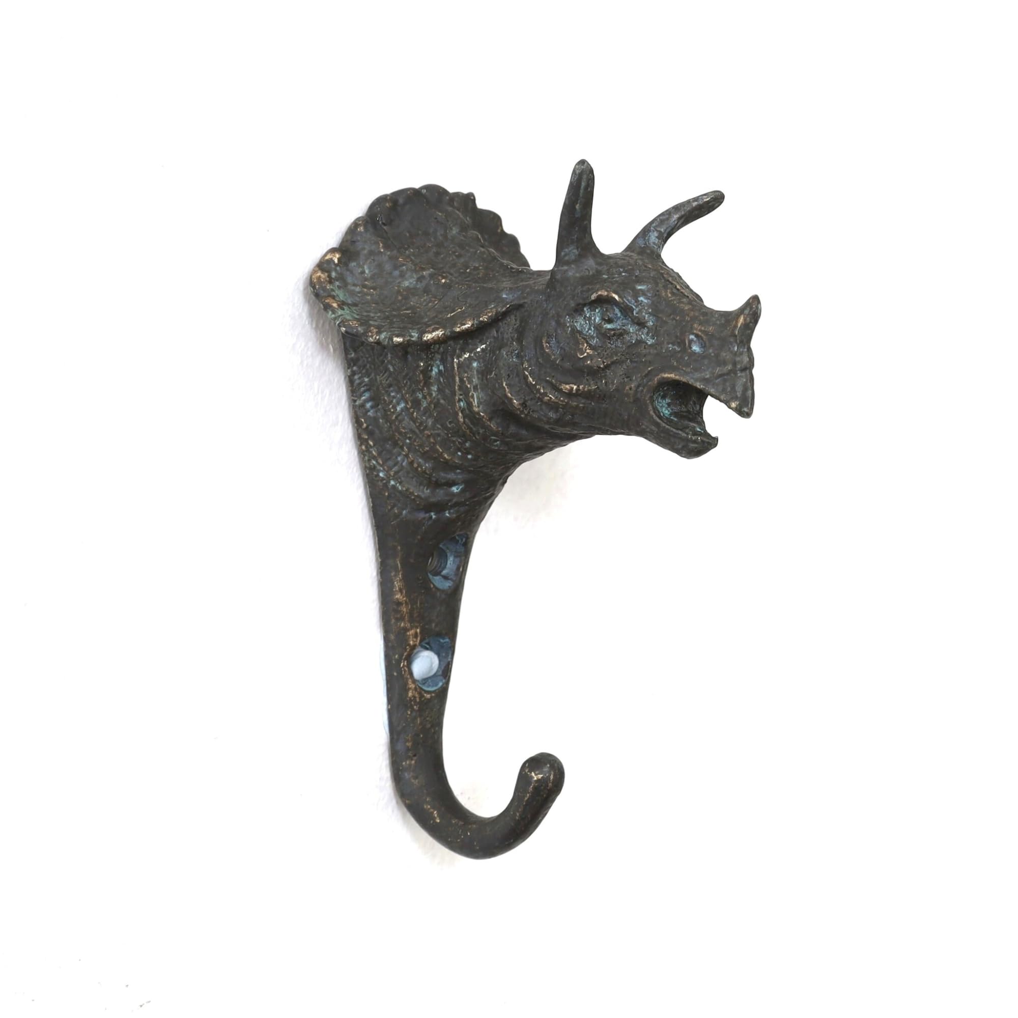 Fyne-Finds Boys Rustic Gold Animal Dinosaur Shaped Metal Vintage Coat Keys Hat Wall Mounted Hanger Hook Kids (Triceratops Hook Pewter)