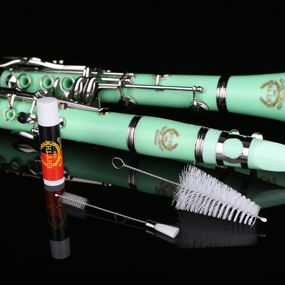 Rhythm Clarinete Bb con 17 teclas de níquel, banda de viento de madera e instrumentos musicales de orquesta para principiantes, incluye funda, soporte, 10 cañas y kit de limpieza, color verde