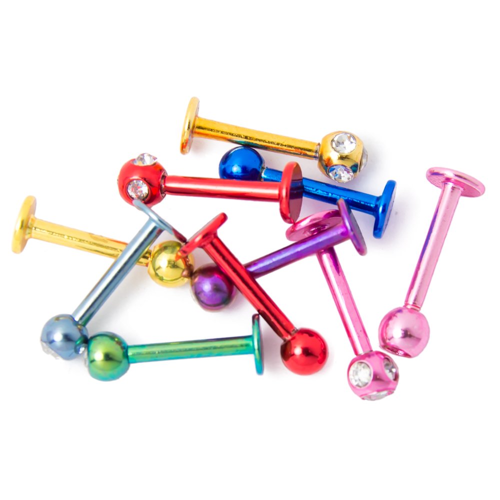 Pierce Plex Anodized Titanium 16ga Labret Monroe Studs with CZ Gems - 10-Piece