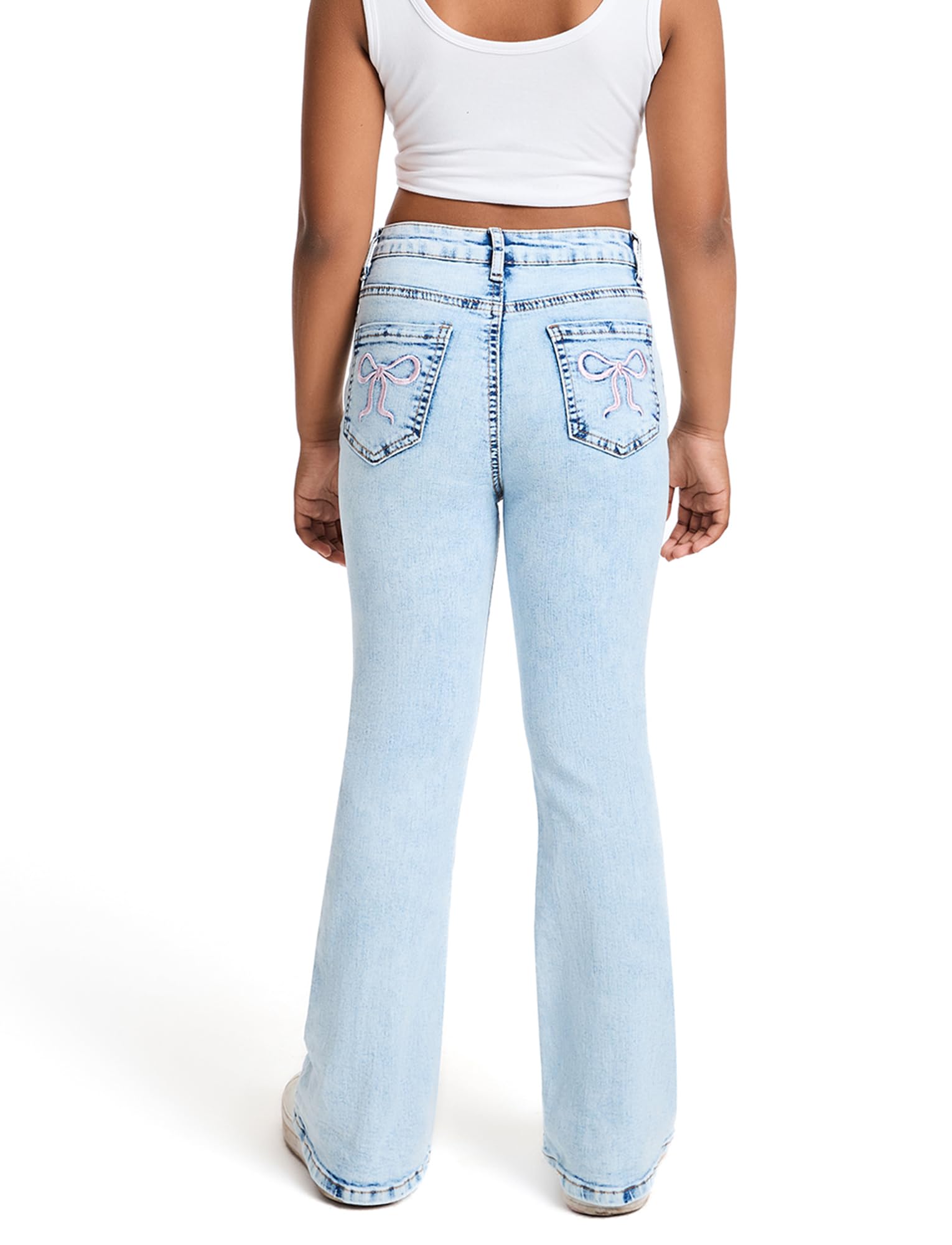 Happy Cherry Pantalones de mezclilla acampanados para niñas y adolescentes, pantalones elásticos ajustados con bolsillo de 7 a 14 años