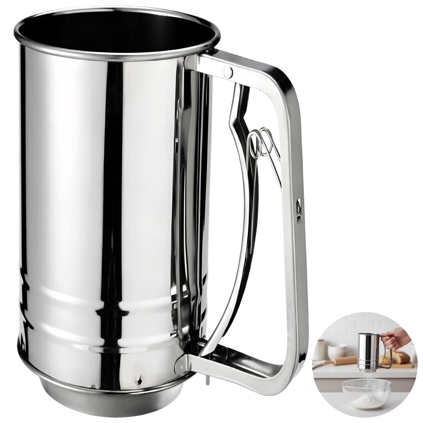 3er-Set Mehl- und Pulversiebe aus Edelstahl, 20-Mesh-Doppelsieb mit Druckhebel, Bechersieb, Puderzucker-Streuer und Langsieblöffel für Kuchen, Brot, Kakao, Gebäck und Desserts
