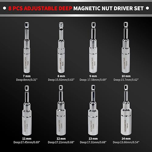 Miniatura 2 de Juego de llaves de tuercas magnéticas extra profundas, 8 piezas, juego de llaves de tuercas profundas ajustables para taladro de impacto, métrico,