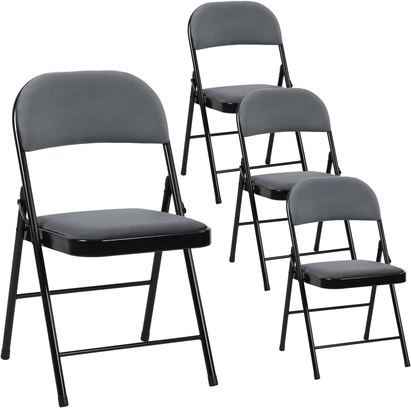 FurnitureR Set of 4 Steel Folding Chairs 18.1'' Foldable Chair with Velvet Padded Seats for Desks Home Office Waiting Room Guest Reception Party Poker Stackable Conference Chairs, Grey and Black