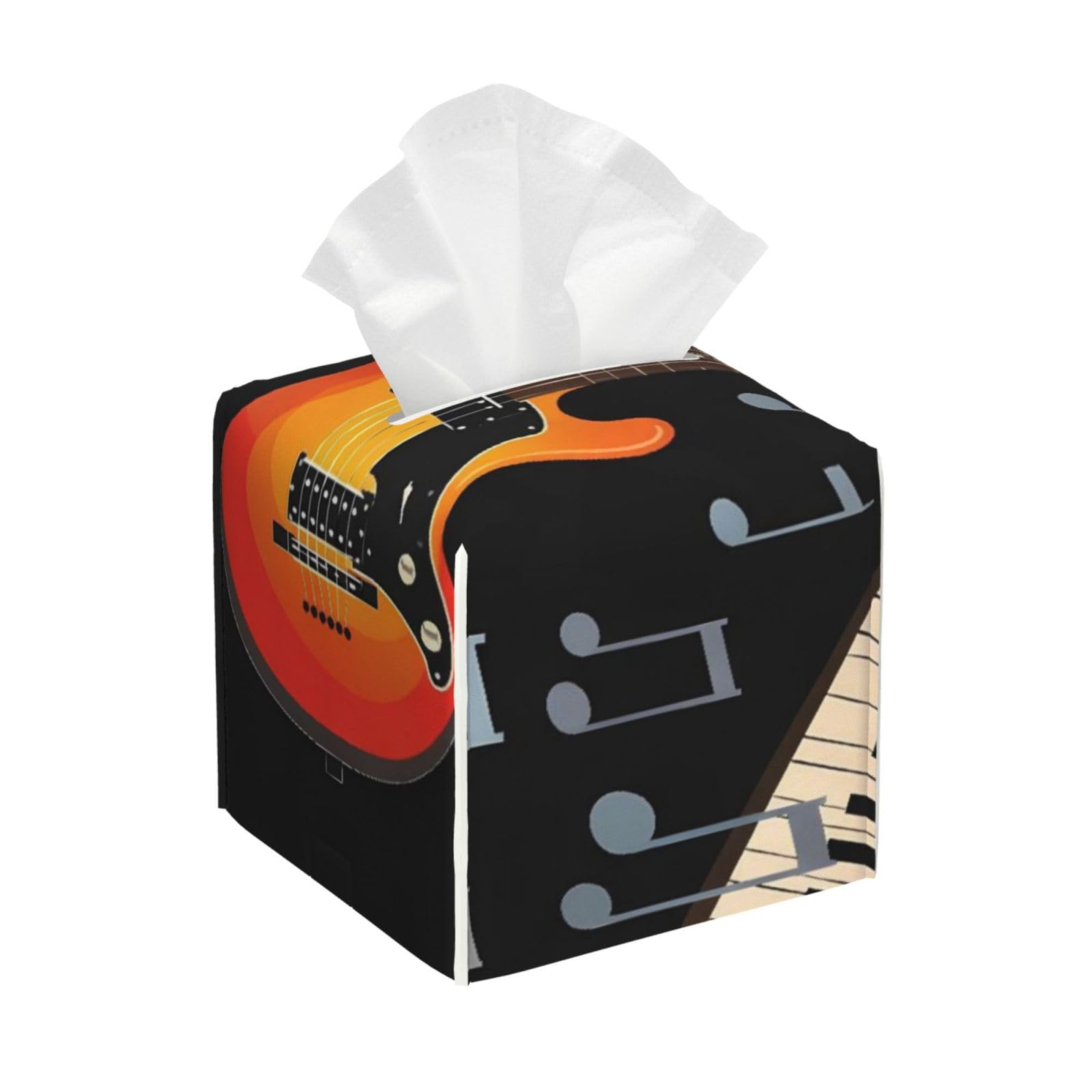Guitar Piano Pattern Leather Tissue Box Cover Holder Square Facial Paper Organizer 5.2" X 5.2" X 5.2"