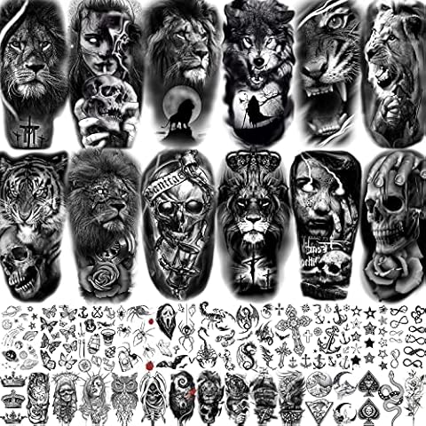 EGMBGM 39 Sheets 3D Lion Tiger Skull Temporary Tattoos For Men Women, Cool Black Realistic Fake Tattoos Temporary For Adults Boy Girl, Forearm Sleeve Temp Tattoo Sticker Arm Neck Leg Tatoos Halloween Cover