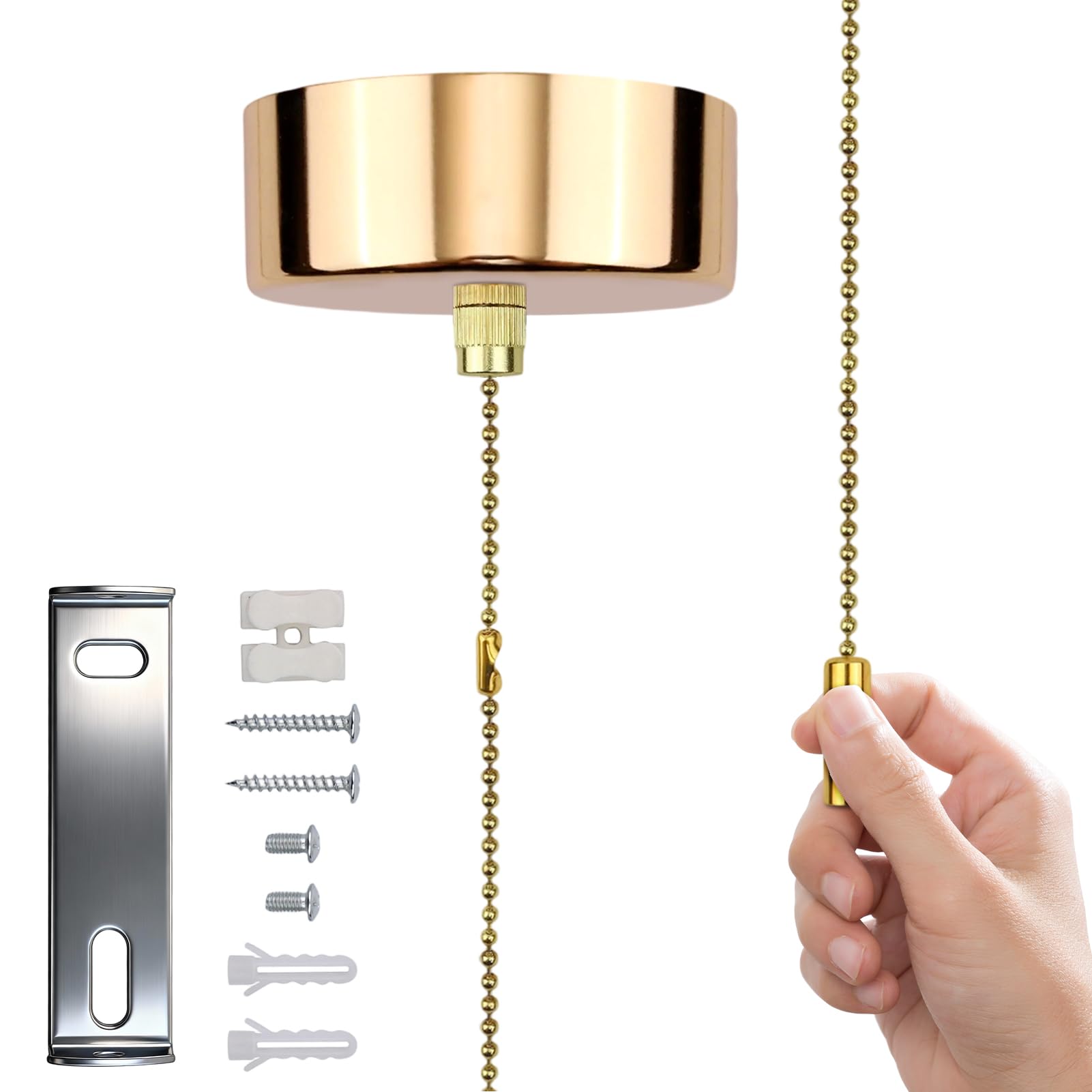 EasyByMall Pull Cord Light Switch Bathroom, Bathroom Pull Cord Ceiling Switch with Chrome Cylindrical Handle, 150Cm Chain Kit for Utility Room Chandeliers Accessories(Gold)