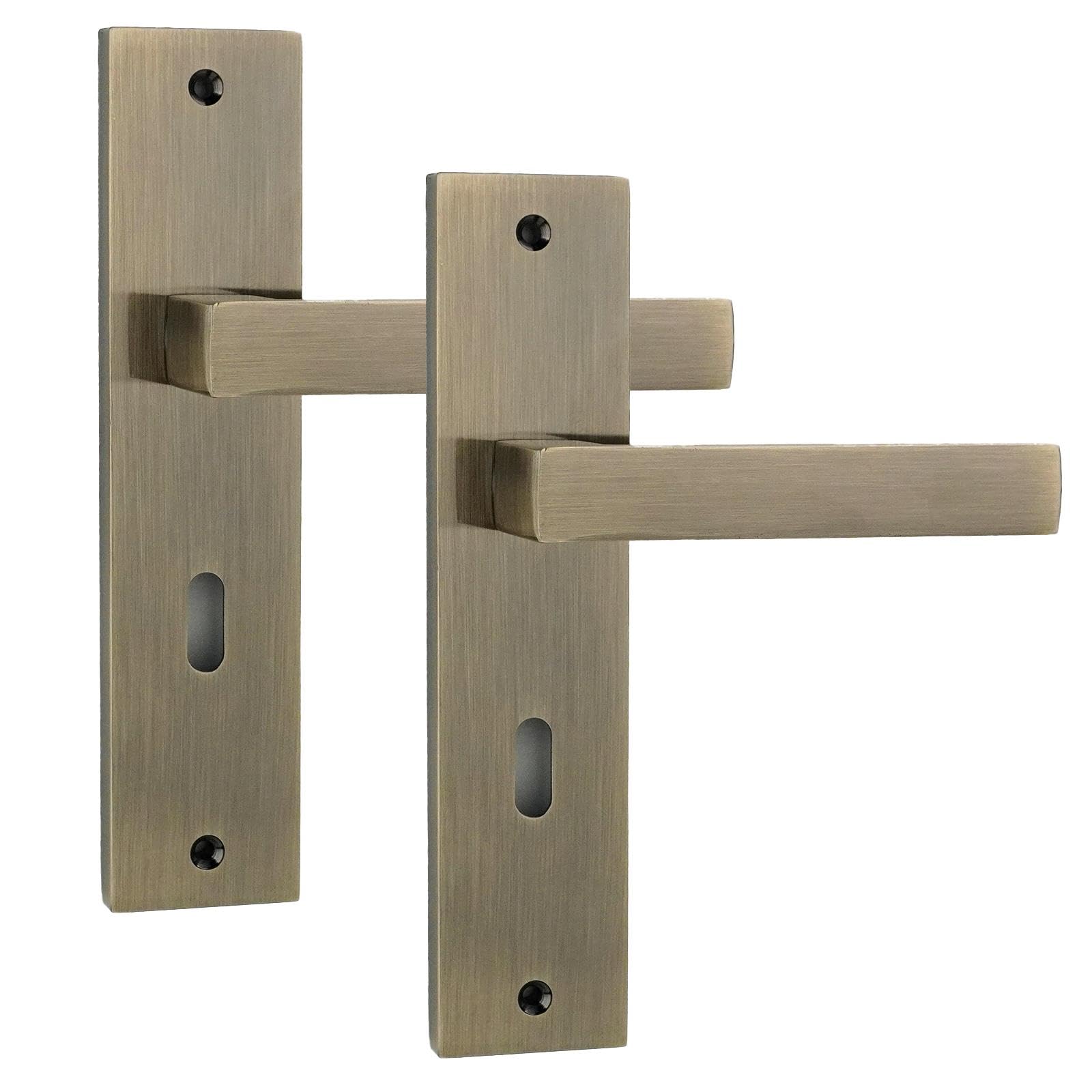 Decoranddecor Lumina Antique Brass Lever Handle Set – Internal Aluminium Door Fittings with Keyhole Backplate, Rectangular Design Blending Modern Aesthetics and Art Deco Accents for Home Interiors