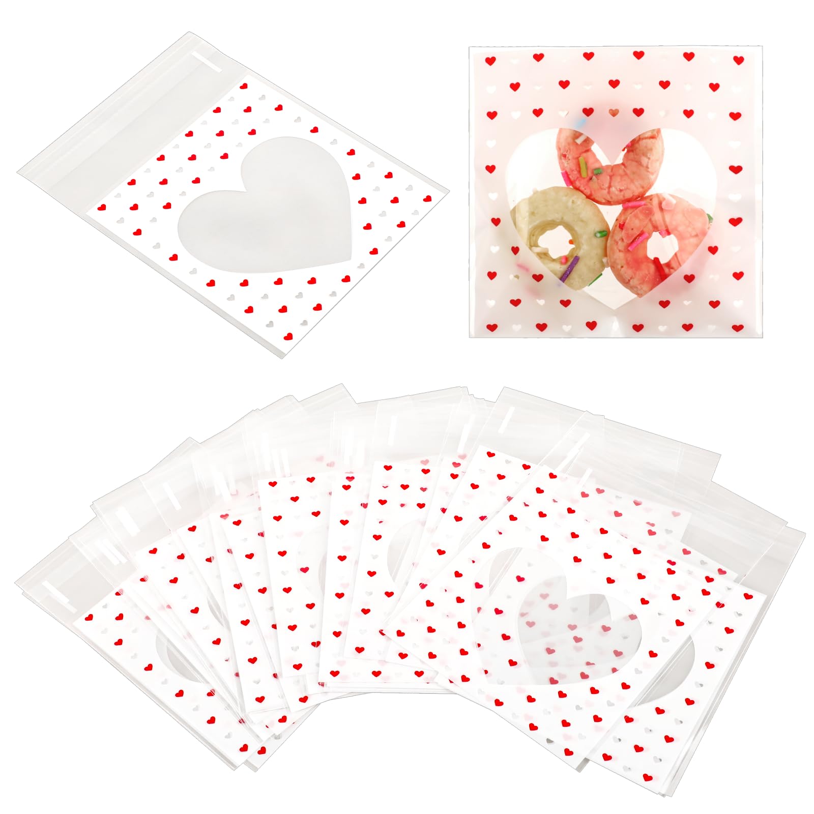 salbsever 100 Pcs Cookie Bag Clear Bags for Sweets Small Clear Heart Bags Red Valentines Cookie Bags Goody Bags Self Sealing Goodies Bags Resealable Treat Bags for Snack, Candy, Sandwich, Gift