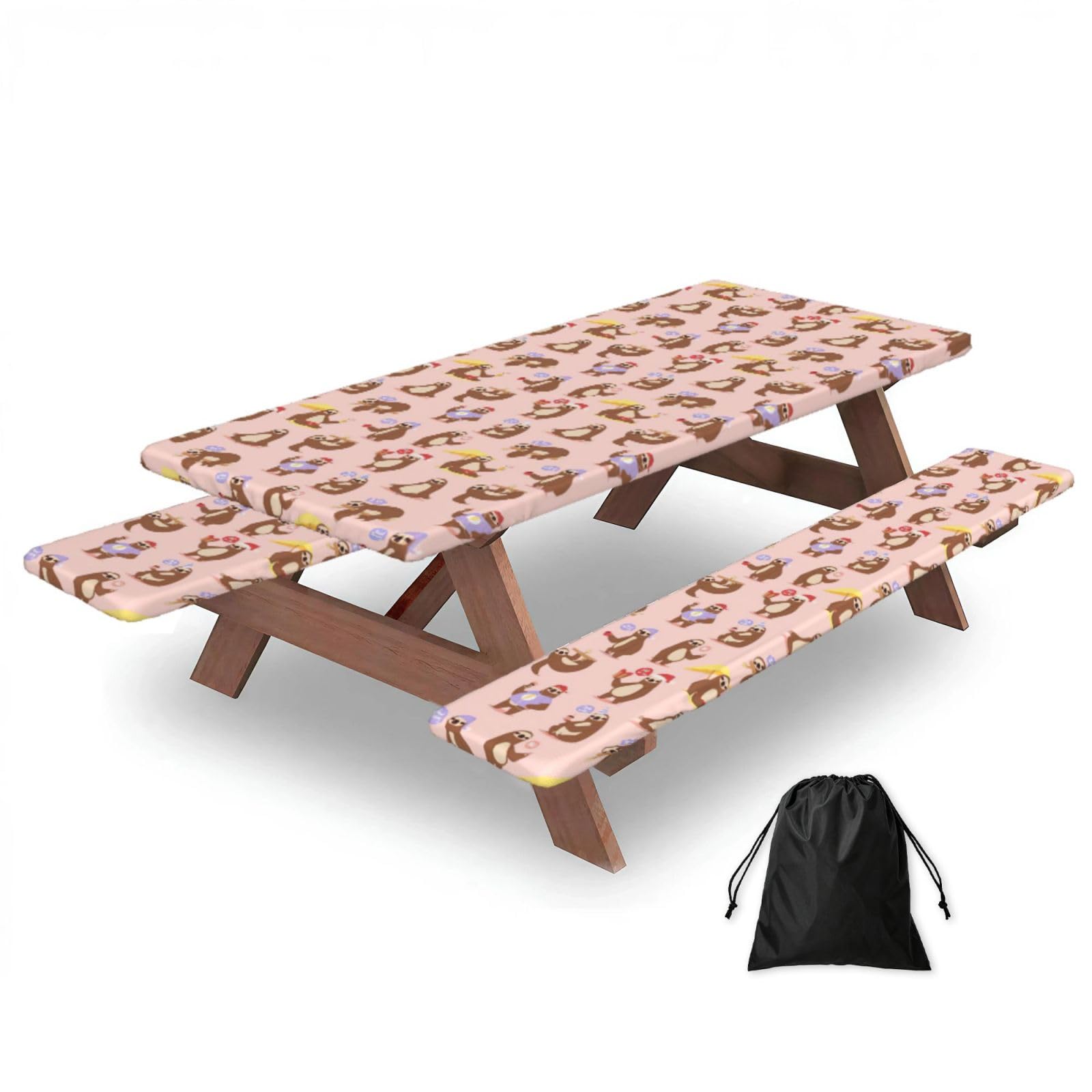 Yqxwjl Black Cute Sloth Print Camping Essentials Waterproof Camping Table And Bench Cover With Drawstring Bag 183 Cm