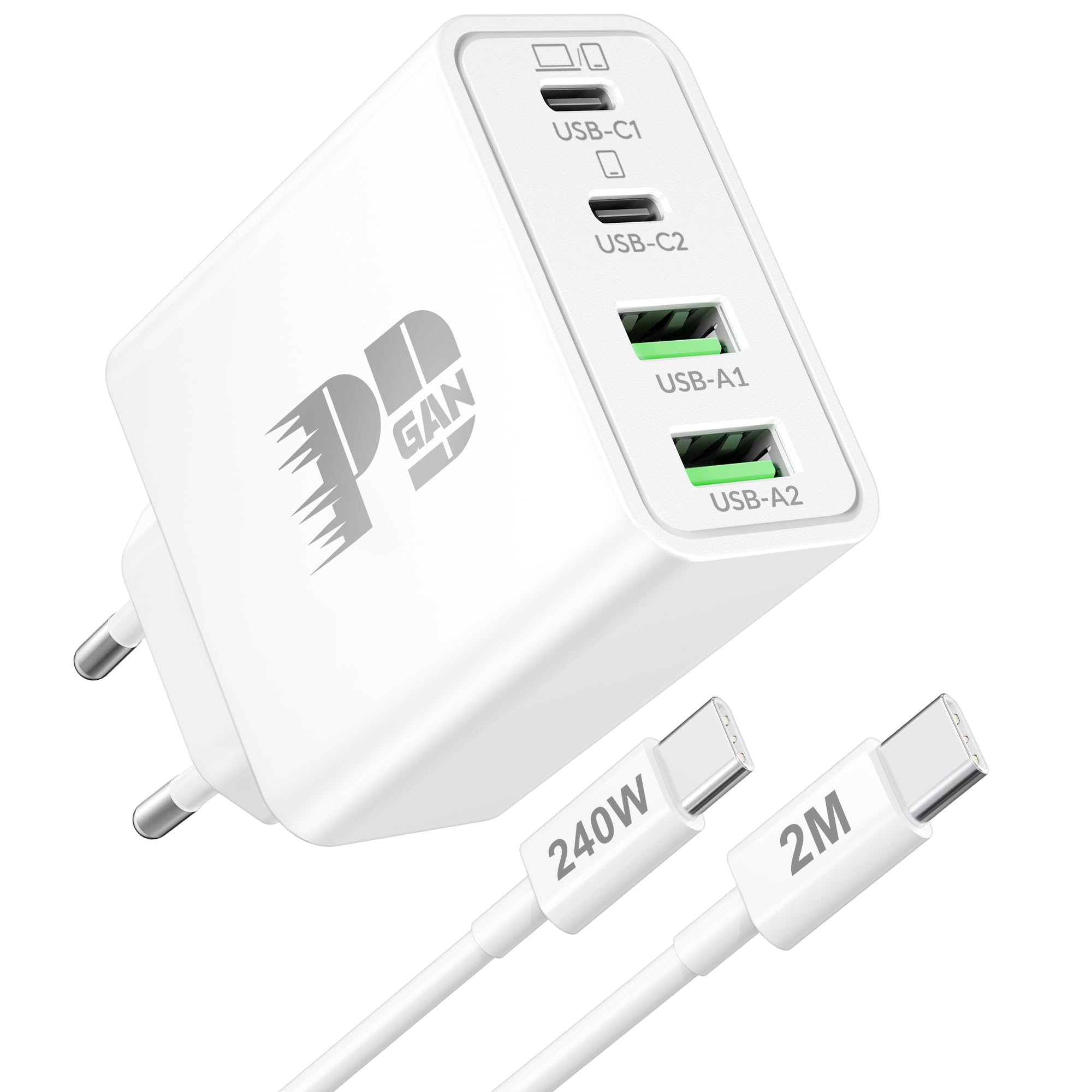 Mac Book Ladekabel, 65W 4-Port GaN USB C Ladegerät mit 240W 2M SchnellLadekabel für MacBook Neo/Pro 16/15/14/13 Zoll, MacBook Air M1/M2/M3/M4, iPhone 17e/17/16/15, iPad, Laptop Netzteil Charger
