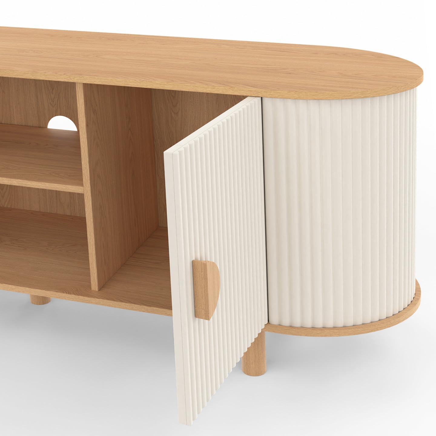IDMarket - Meuble TV 140 cm KANEL 2 Portes Effet cannelé Beige et Bois