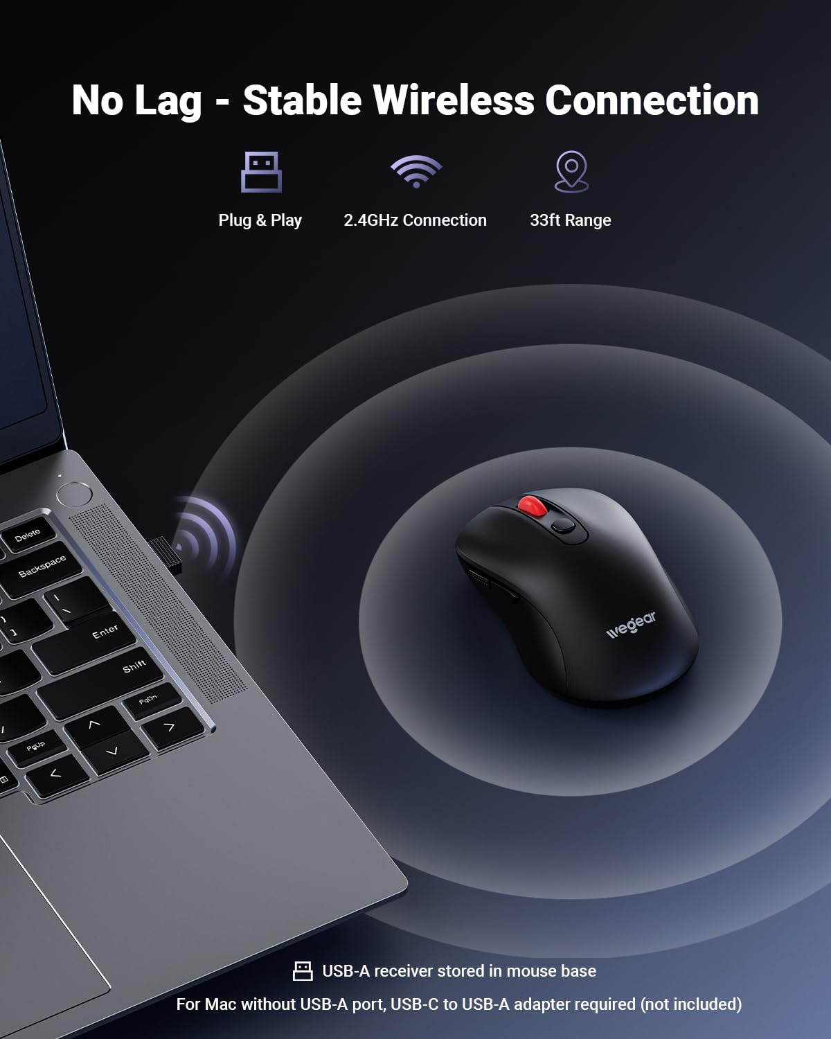 Mouse wireless USB per computer portatile, PC, Mac, mouse senza fili da 2,4 GHz con 6 pulsanti, regolabile a 5 livelli 4000 DPI, mouse ottico portatile ergonomico per computer, durata della batteria