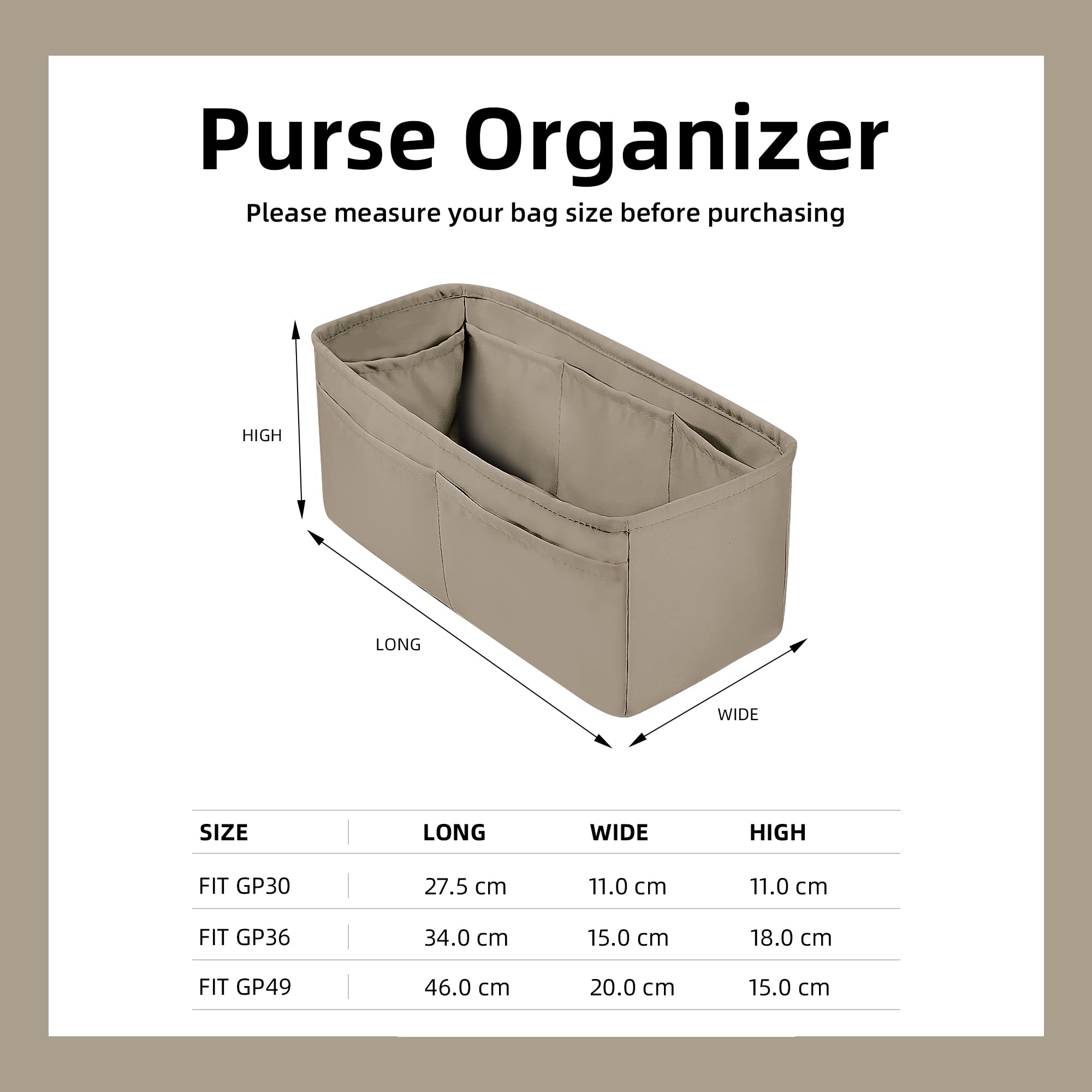 DGAZ Seidiger Handtasche Tasche Organizer, Luxuriöser Handtaschen und Tote Organizer, Simplicity Tasche in Tasche Organizer für Garden Party 30/36 Taschen (Gris Tourterelle, GP36)