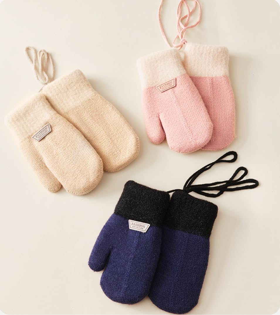Moufle Enfant Chauffant Hiver Gants Peluche Douce Moufles Plein-doigts Epais Mitaines Tricoté Crochet Gant de Plein Air Ski Snowboard Vélo Anti-froid avec Corde Anti-perdu pour Fille Garçon 1-6 Ans