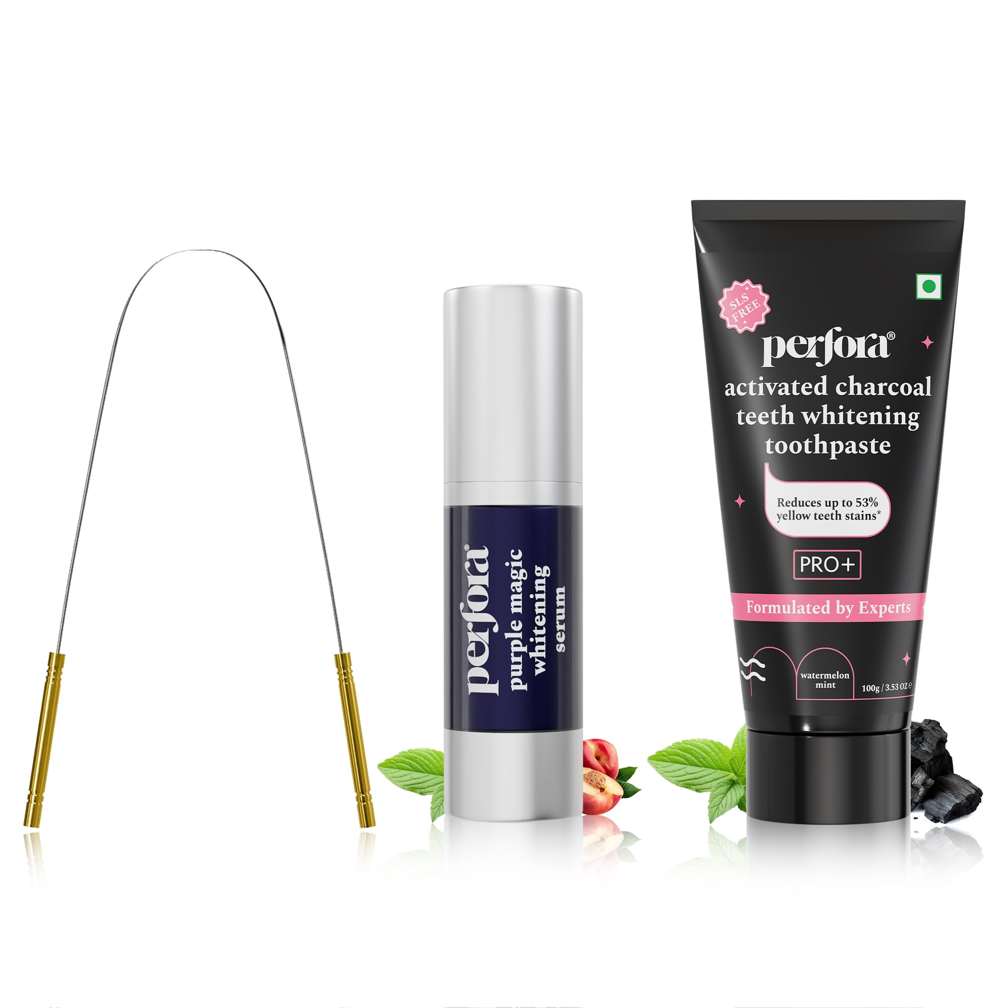 Perfora Luminous White Oral Care Combo: Purple Magic Whitening Serum, Charcoal Watermelon Mint SLS Free Toothpaste For Adults & OG Tongue Cleaner | v34 Colour Corrector for Teeth | Enamel Safe & Effective Oral Care