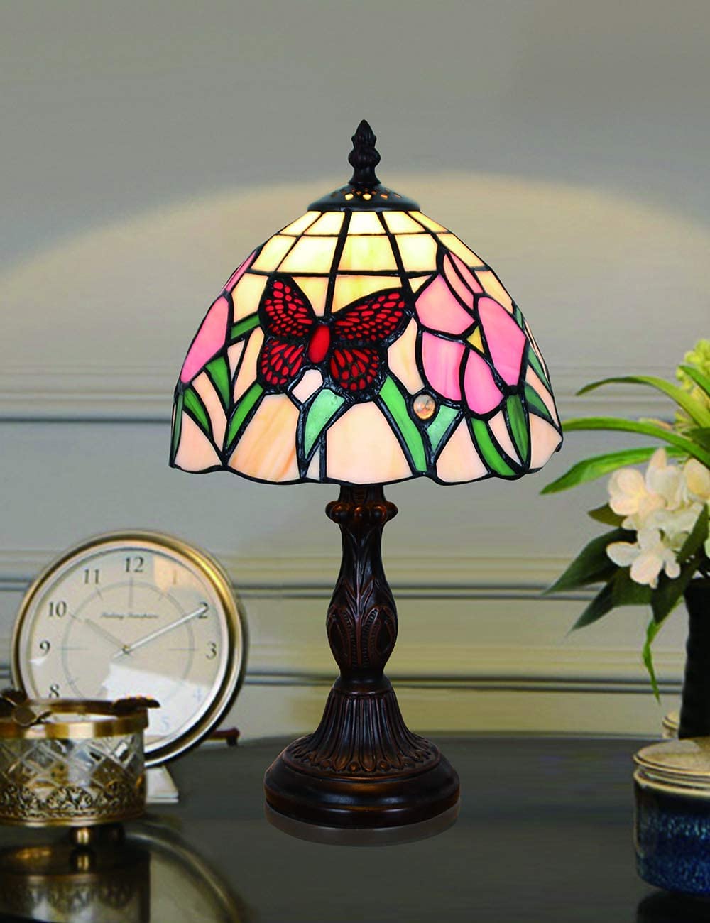 Tischlampe kleine im Tiffany Stil,Vintage Nachttischlampe,Schlafzimmer Deko Lampe,Jugendstil Tischleuchte,Schmetterling Blume Buntglas Lampenschirm mit 20cm / 8 Zoll Mit E14 LED Birne