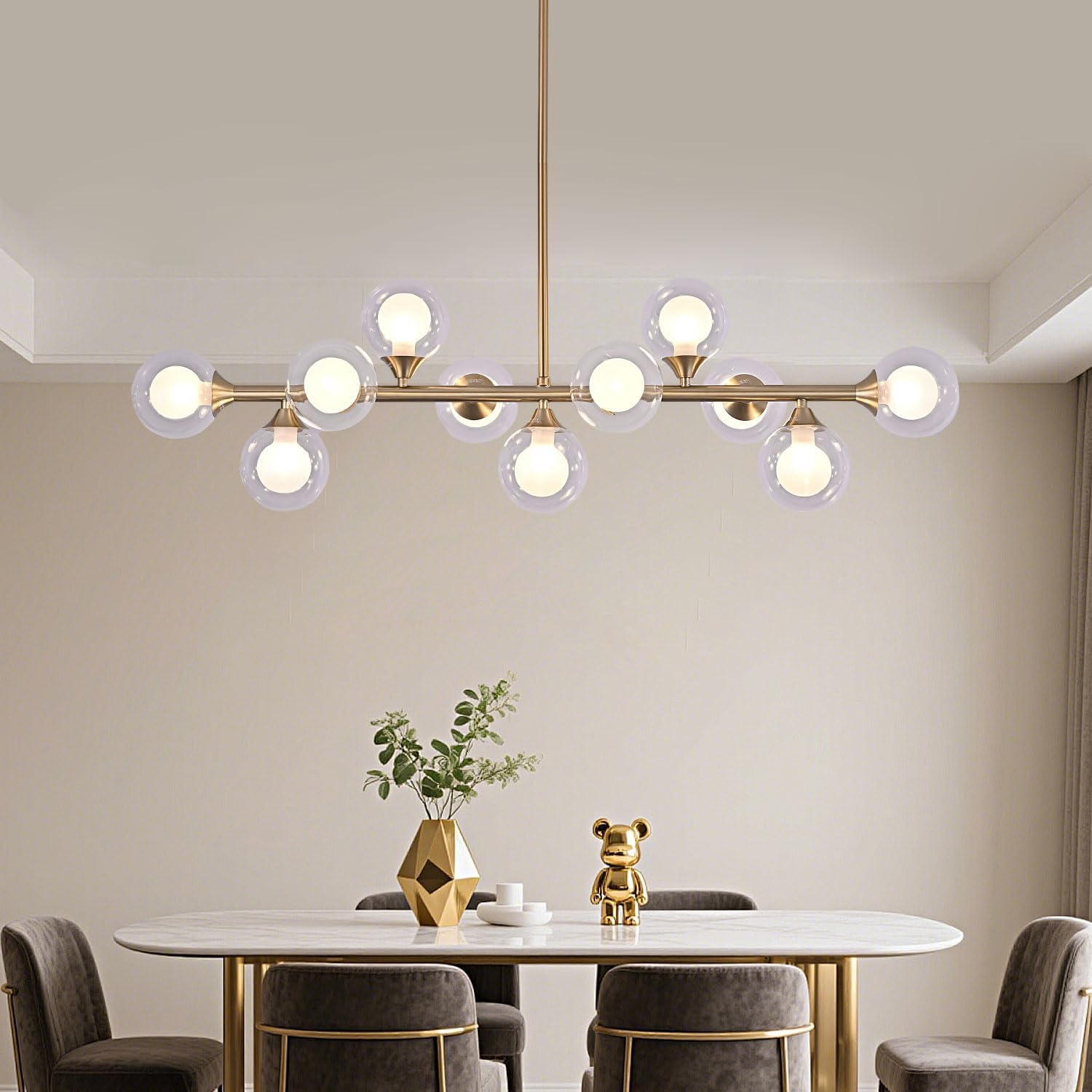 Gold Linear Chandelier 11-Light Globe Pendant Fixture with Bubble Glass Ball Sputnik Chandelier for Kitchen Island, Dining Room Lighting Over Table