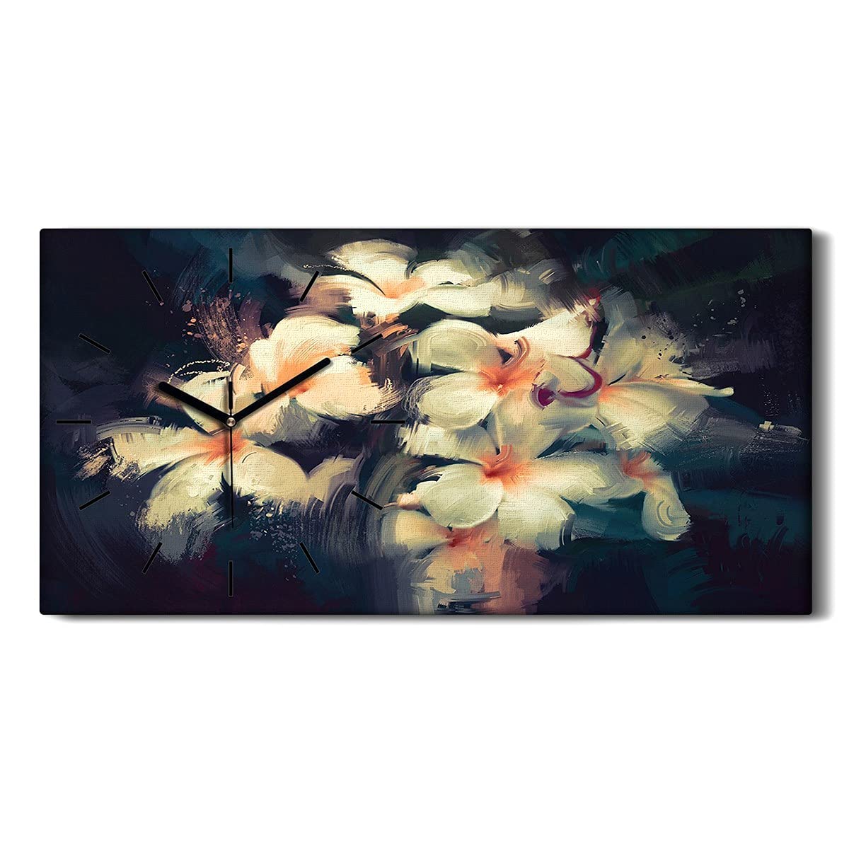 Horloge mains noires décoration murale fleurs blanches sur toile
