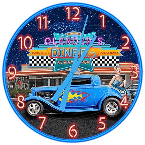 Decorative Concepts Retro Drive In Diner Hot Rod 18" Diameter Aluminum Metal Round Wall Clock #TOP3