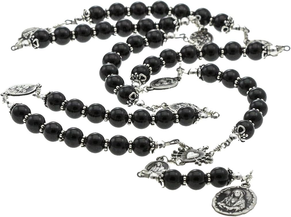 ロザリオ 7つのメダルセット オニキス8mm32インチ スターリングシルバー スターリングシルバー7 Sorrowsロザリオ、オニキス8 mm、Large 7