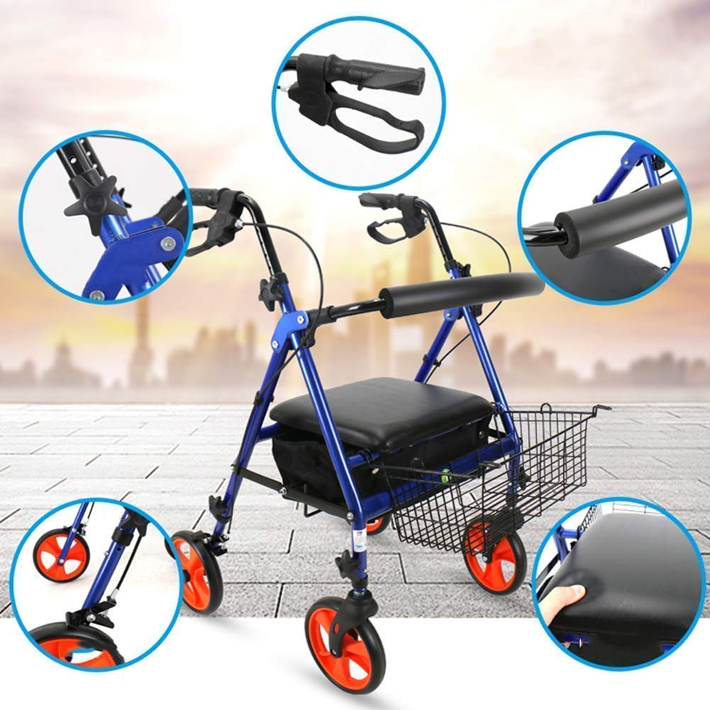 Andador para ancianos, cuatro ruedas, asiento acolchado y respaldo, con frenos bloqueables, cesta para debajo del asiento, ligera, plegable, marco de aluminio, estrella de luz