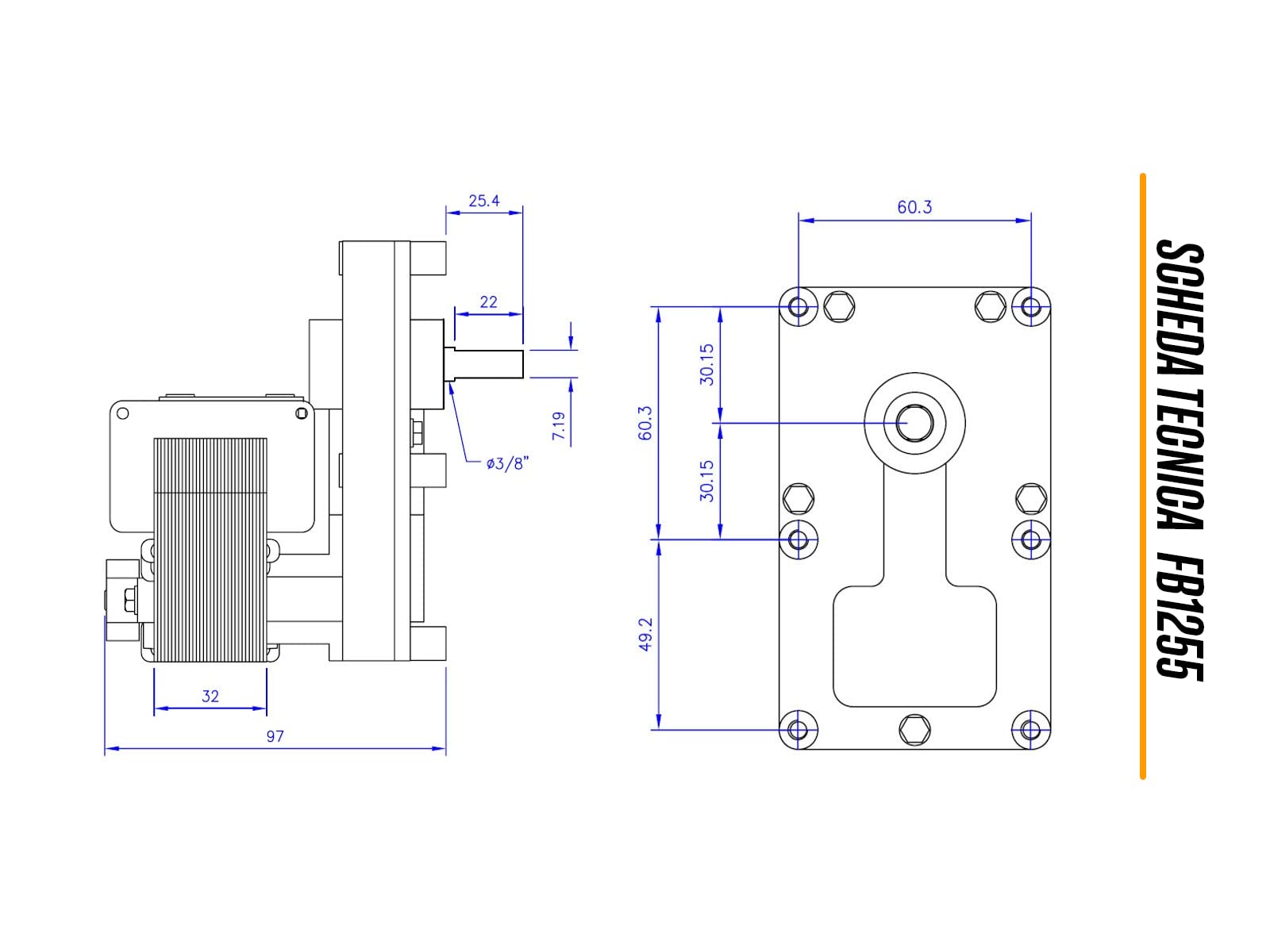 ERICAMBI, Motoriduttore FB1255 Mellor Serie T3 per Stufe a Pellet, Velocità 4rpm, Pacco Lamellare 32mm, Ø Albero 9,5mm, Senso di Rotazione Oraria, Spianatura Singola, Coppia Nominale 28 Nm