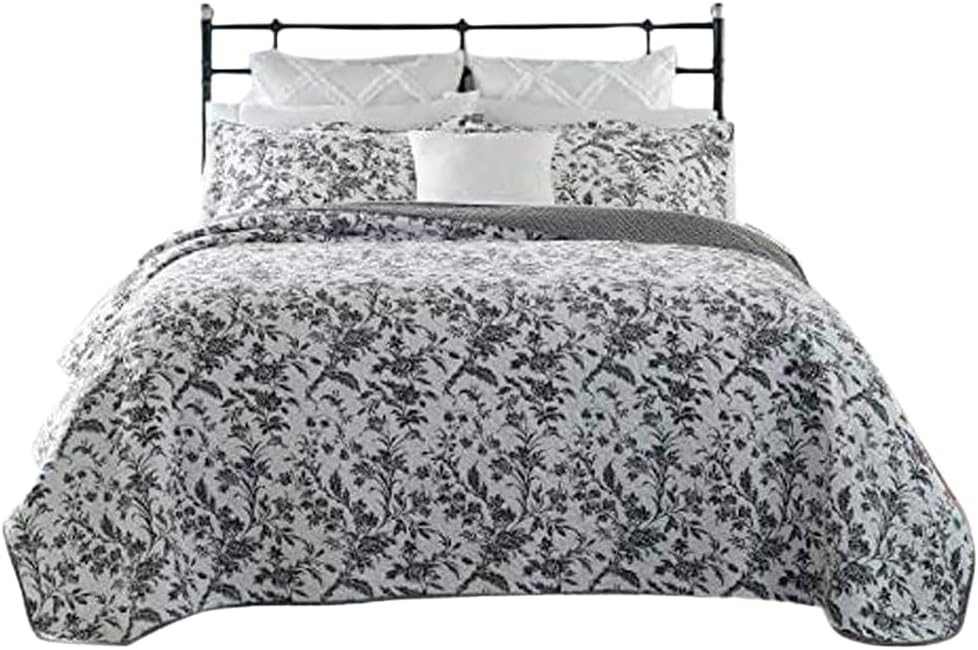 Laura Ashley - Twin Quilt Set, Soft Cotton Bedding with Reversible Design, Medium Weight for Year Round Use, 2 Piece Bed Set with Matching Pillowcase (Amberley Black/White)