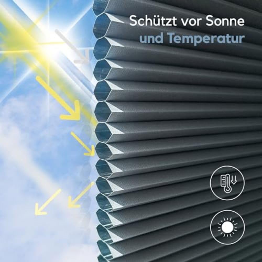 Wabenplissee Dachfenster - Maßanfertigung, 100% Verdunkelung, Thermo-Isolierung, Einfache Montage, Up&Down System, Breite 30-120 cm, Höhe 50-149 cm, 6 Stofffarben, 3 Profilfarben