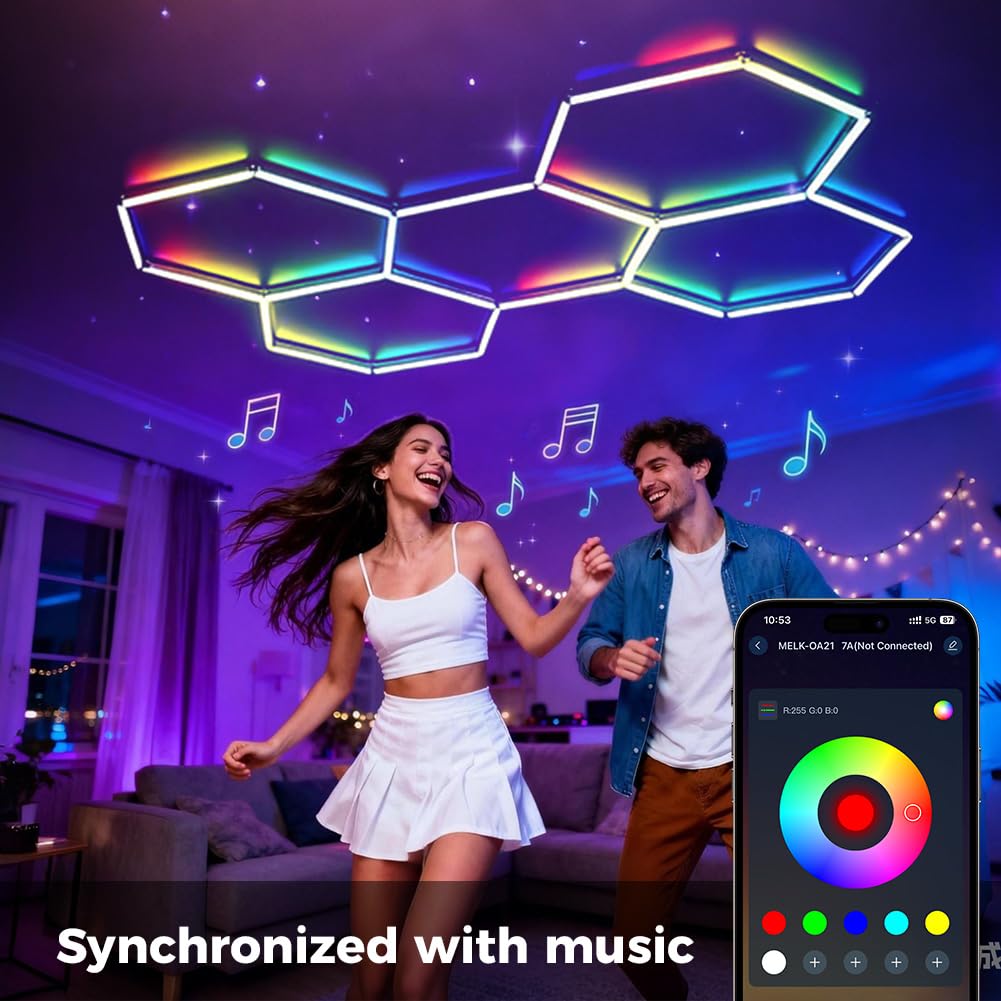 LED Éclairage Hexagonal 216W Smart Music Sync Deco RGB Lights App&Télécommande Contrôle Hexagon Garage Lumière pour Garage, Atelier, Entrepôt, Sous-Sol, Salle de Sport