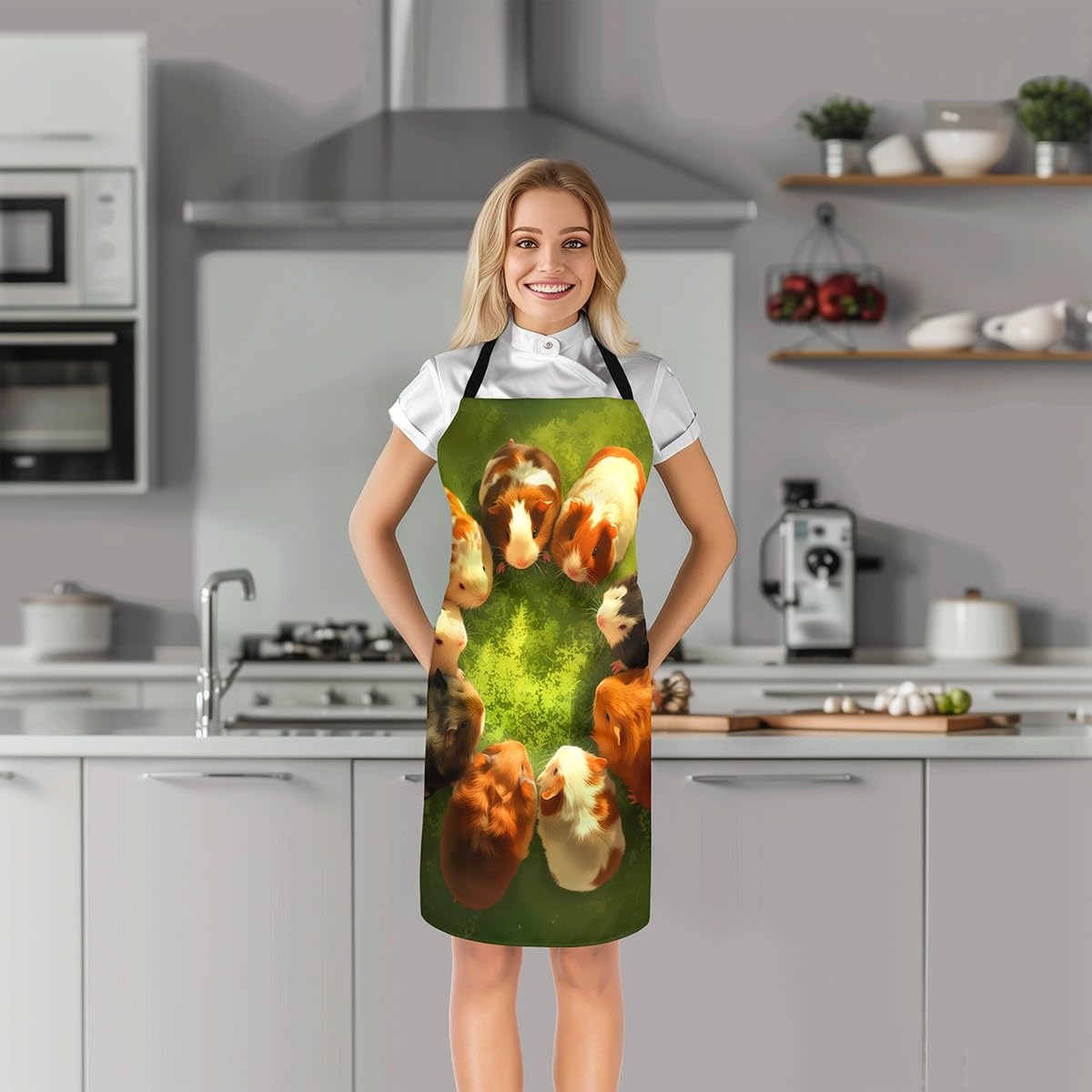 Loussiesd Guinea Pig Bib Apron with Adjustable Neck 78x66cm Cute Cavy Cooking Kitchen Chef Apron Cartoon Pet Animal Apron for Women Men Green Grass BBQ Painting Baking Apron - Image 2