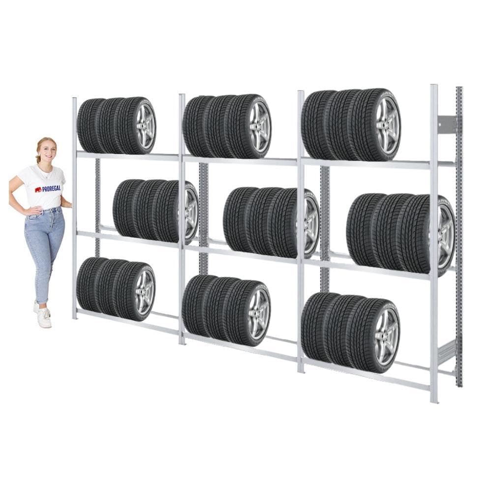 PROREGAL Reifenregal TIRE PRO Made in Germany | Komplettregal | HxBxT 200x450x43cm | 150kg Fachlast | bis zu 54 Reifen auf 3 Ebenen | Verzinkt | Reifenständer Garagenregal
