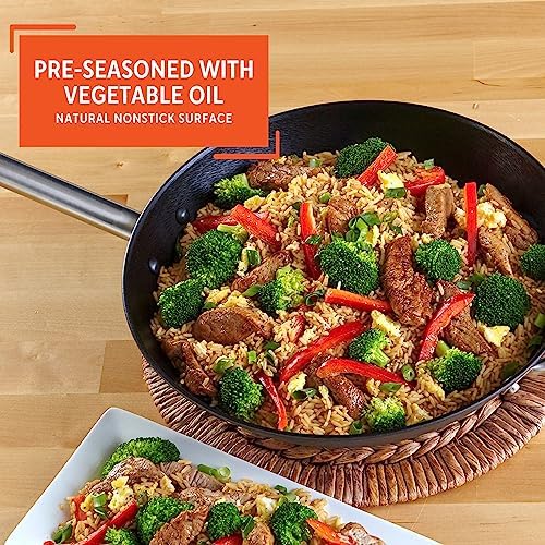 Imusa LCI-19008 USA 14" Light Cast Iron Wok Pre-seasoned Non-Stick with Stainless Steel Handles Cookware, Black - Thumbnail 5