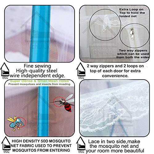 Image of VERDIOZ WITH DEVICE Foldable Poly Cotton Double Bed Mosquito Net Machardani, Corrosion Free Steel Wire, 30 GSM Net with Ventilation, Visibility and Saviour kit, (King Size, 200X200X145 cm, Blue)