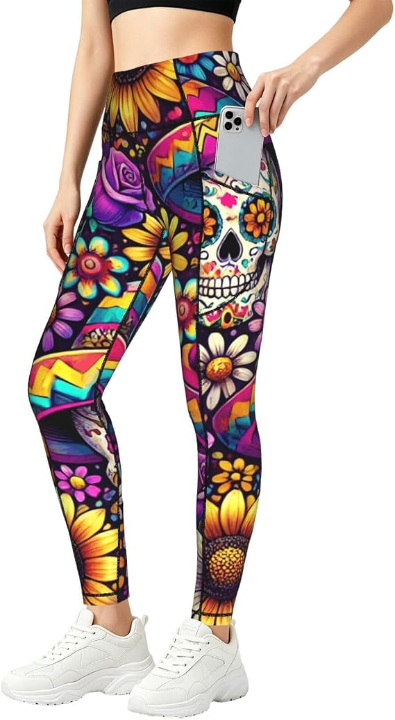 Augenstern Women's Sugar-Skulls-Floral Yoga Pants Workout Legging
