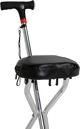 Health Assist - Asiento de bastón ajustable con luz LED y alarma para ancianos. Taburete de espuma viscoelástica con capacidad plegable. Bastón