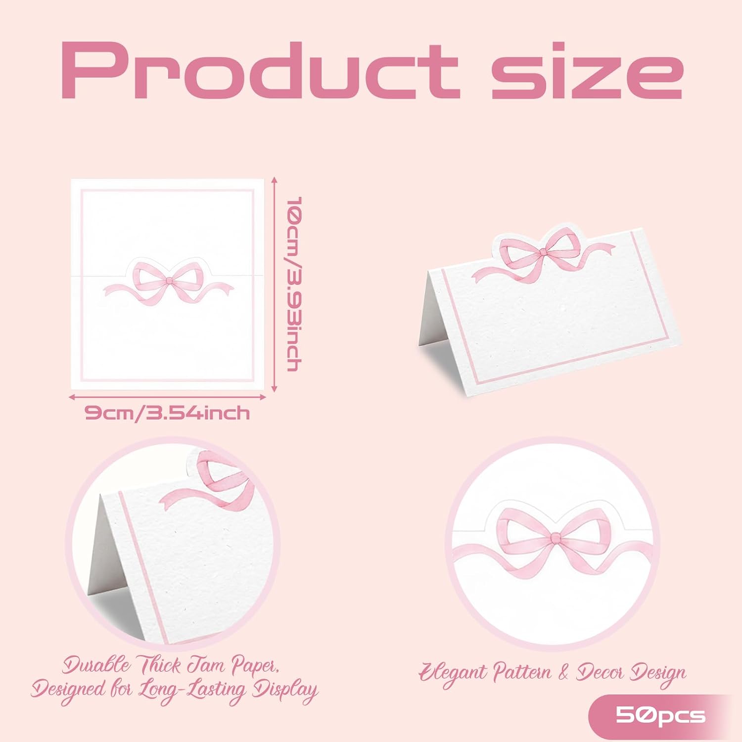 50 Pcs Bow Place Cards 2 x 3.5 Inch Cute Tent Name Cards with Blank Design for Wedding Birthday Party Banquet Table Setting Supplies