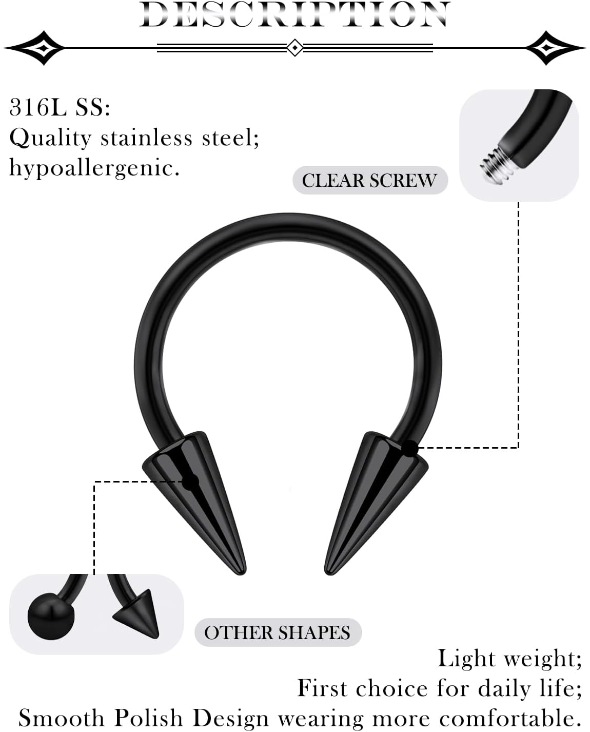 Long Spike Septum Rings 16G Surgical Steel Smiley Piercing Jewelry Vertical Snake Bite Jewelry Lip Rings for Women Men 8mm/10mm - Image 3