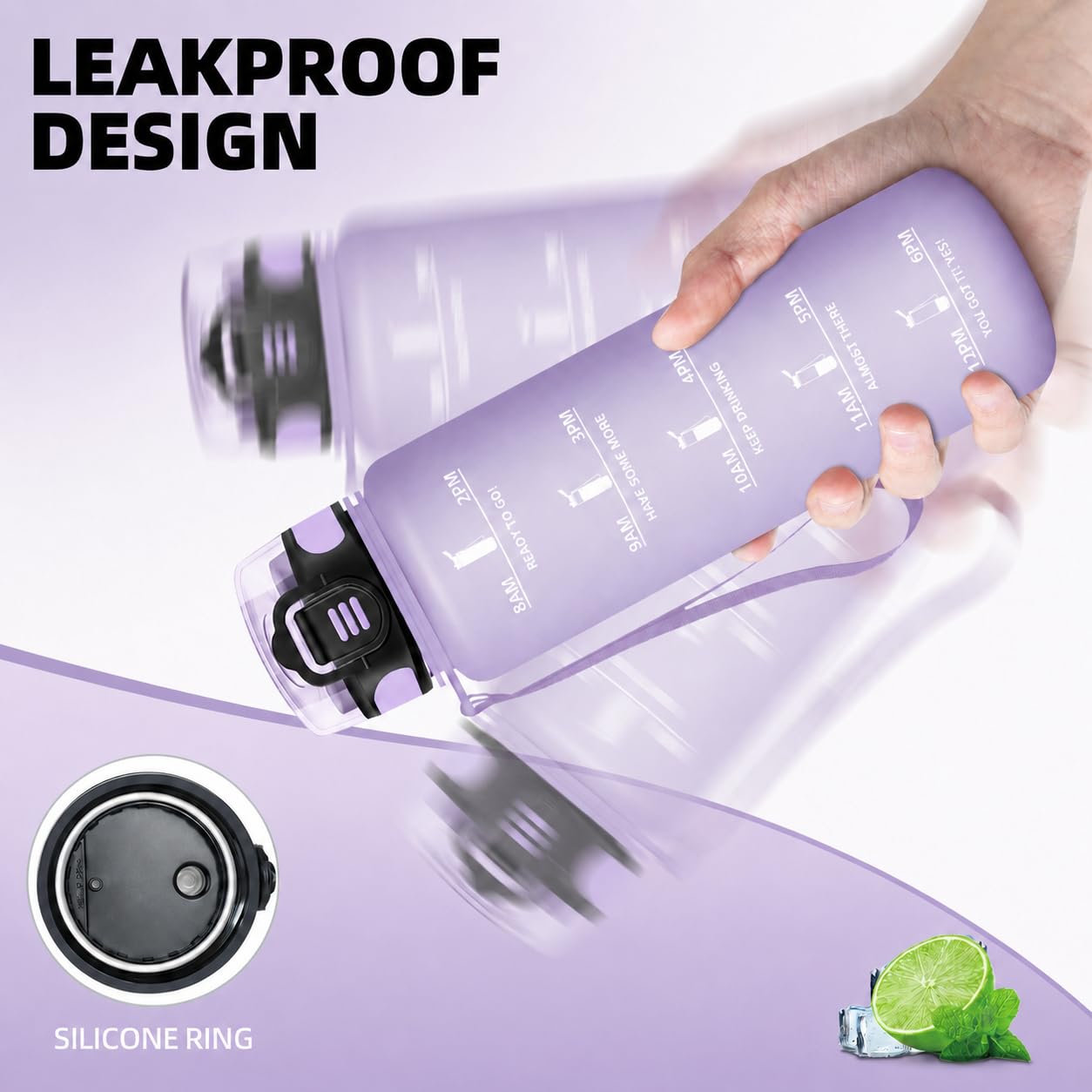 Gourde Sport, Conception Étanche Gourde 500ml, Avec échelle de Temps, Bouteille, Réutilisable, Légère, Gourde Graduée pour La Course à Pied, Le Vélo, Le Travail, Lilac clair