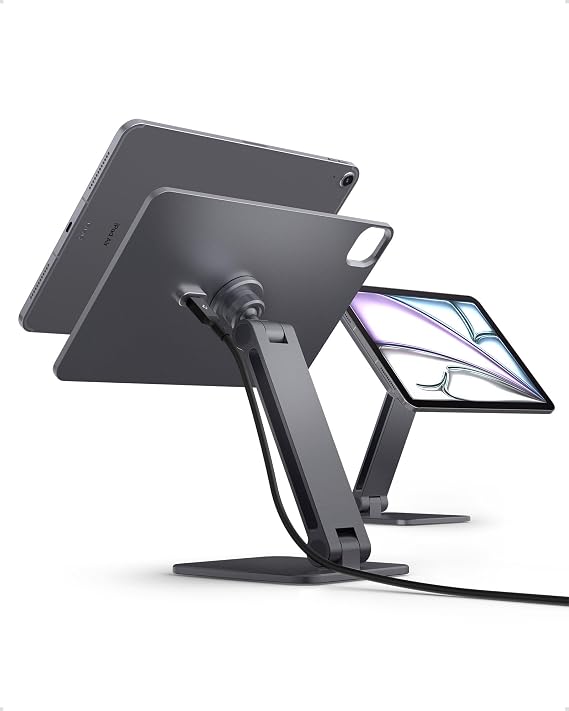 Spigen for Magnetic Wireless Charging Stand Compatible with iPad Air11 M3/M2, 10.9, Pro 11 Gen 2/3/4 Foldable Adjustable Aluminum Pogo Pin Charger Tablet Holder Desk Mount - Space Gray (LD207W1)