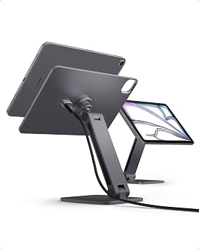 Spigen for Magnetic Wireless Charging Stand Compatible with iPad Air11 M3/M2, 10.9, Pro 11 Gen 2/3/4 Foldable Adjustable Aluminum Pogo Pin Charger Tablet Holder Desk Mount - Space Gray (LD207W1)
