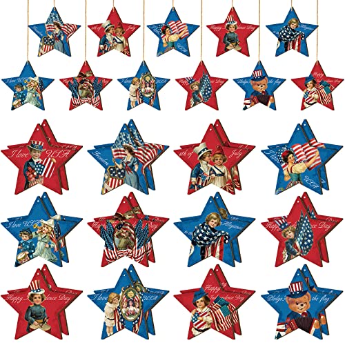 24 Pcs Independence Day Wooden Ornaments Hanging Wooden Pendants Patriotic Decor 4Th Of July Ornaments For Tree Patriotic Tree Decorations For Independence Day Home Decor Party Favors (Star) #TOP14