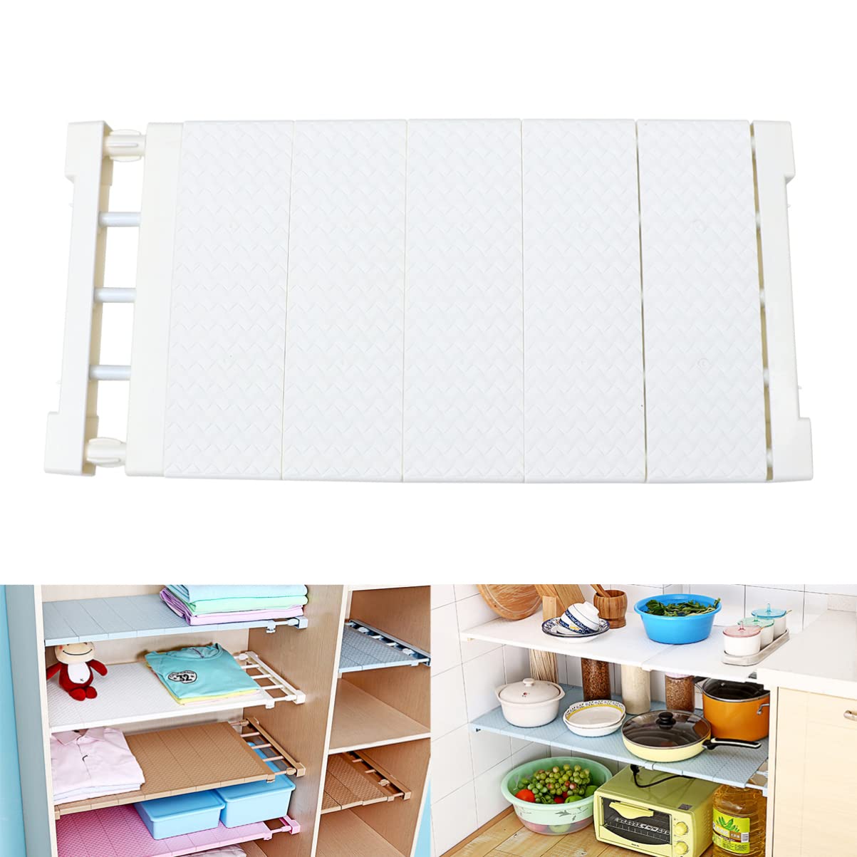 Happyyami Adjustable Shelf Divider for Closets Retractable Storage Rack for Wardrobe Organization Sturdy Plastic for Cabinet Shoe Cabinet Kitchen Bathroom White