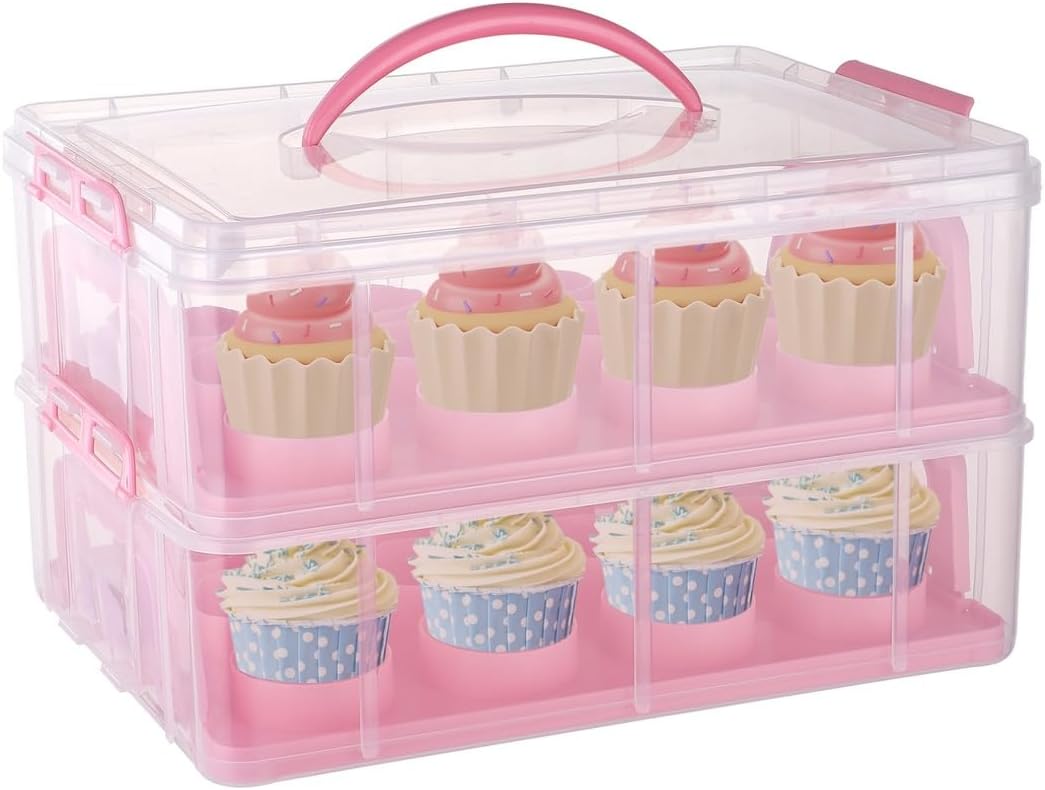 2-Tier Cupcake Carrier with Handle, Stackable 24-Cupcake Holder, Clear Plastic Storage Container with Lid & Secure Snaps