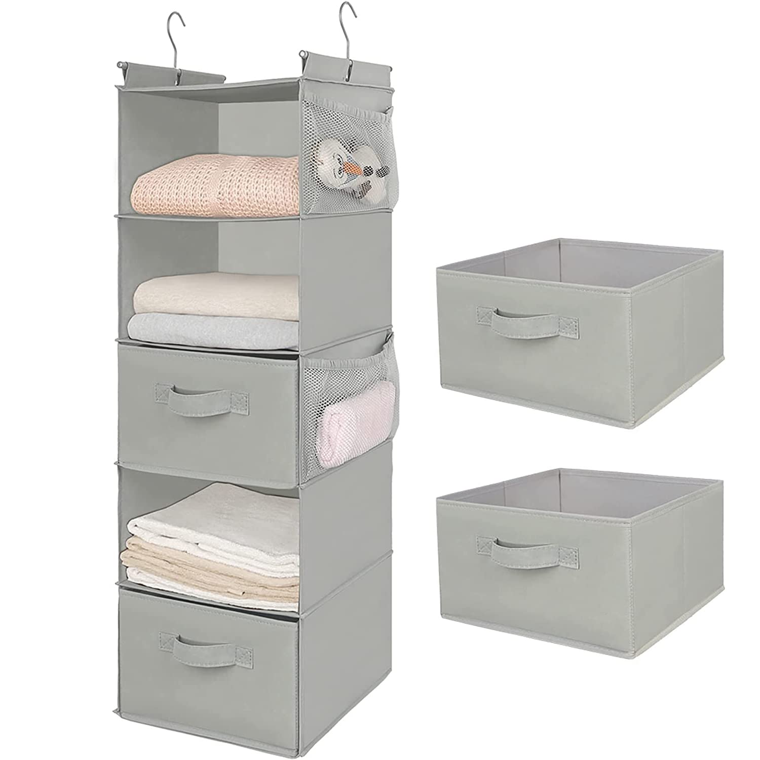 Organizador de armario colgante de 5 niveles, estante colgante de tela con 2 ganchos resistentes para almacenamiento, plegable (gris claro-D2)