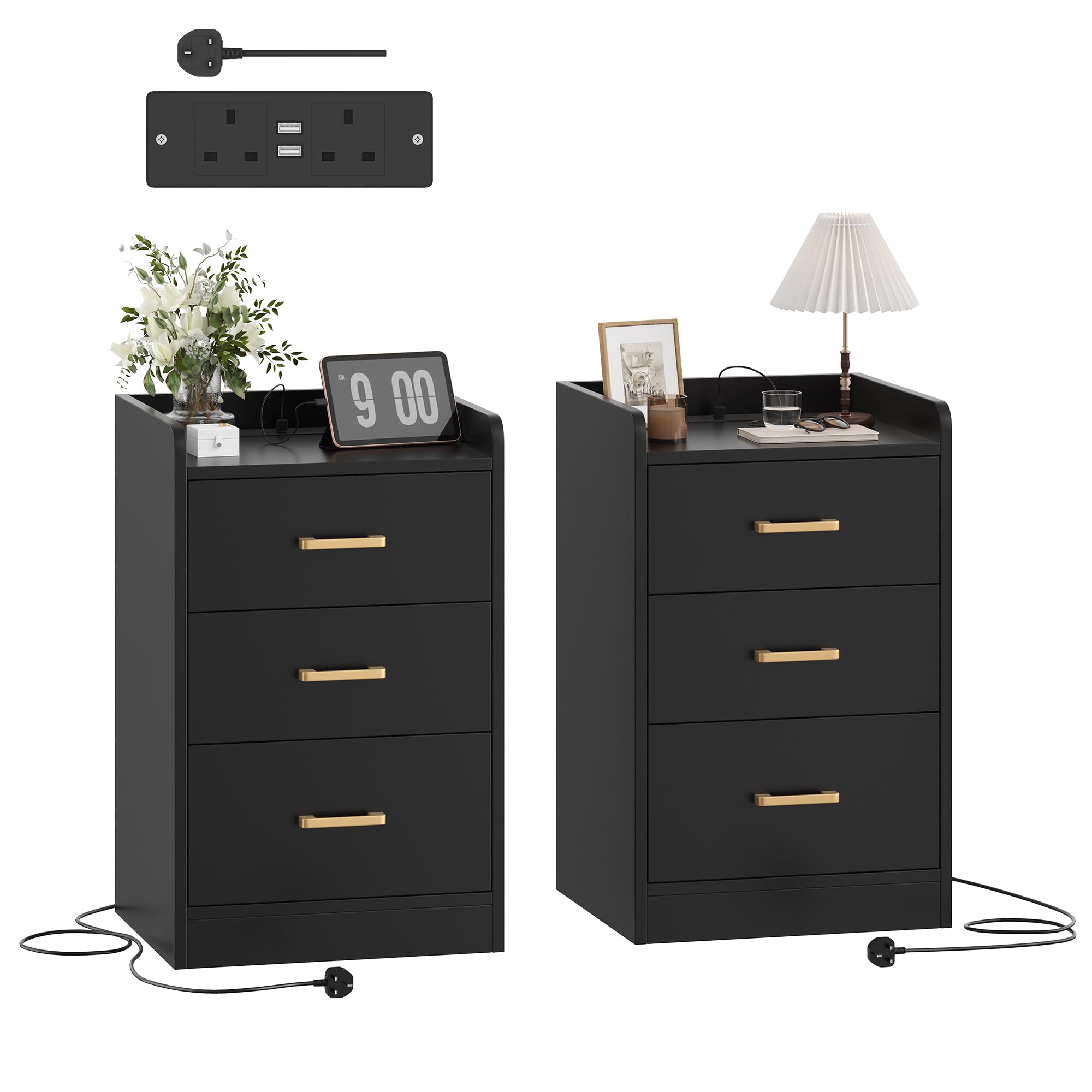 FirFurd 3-Drawer Bedside Table Set of 2 with 2 AC Outlets 2 USB Ports Black